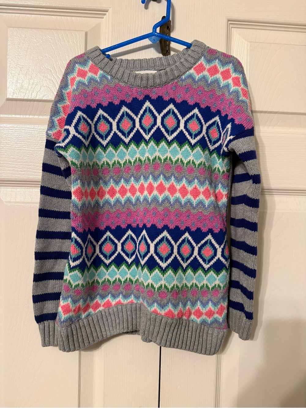 Old Navy Gray Crewneck Sweater with Pink, Navy & Green Fair Isle